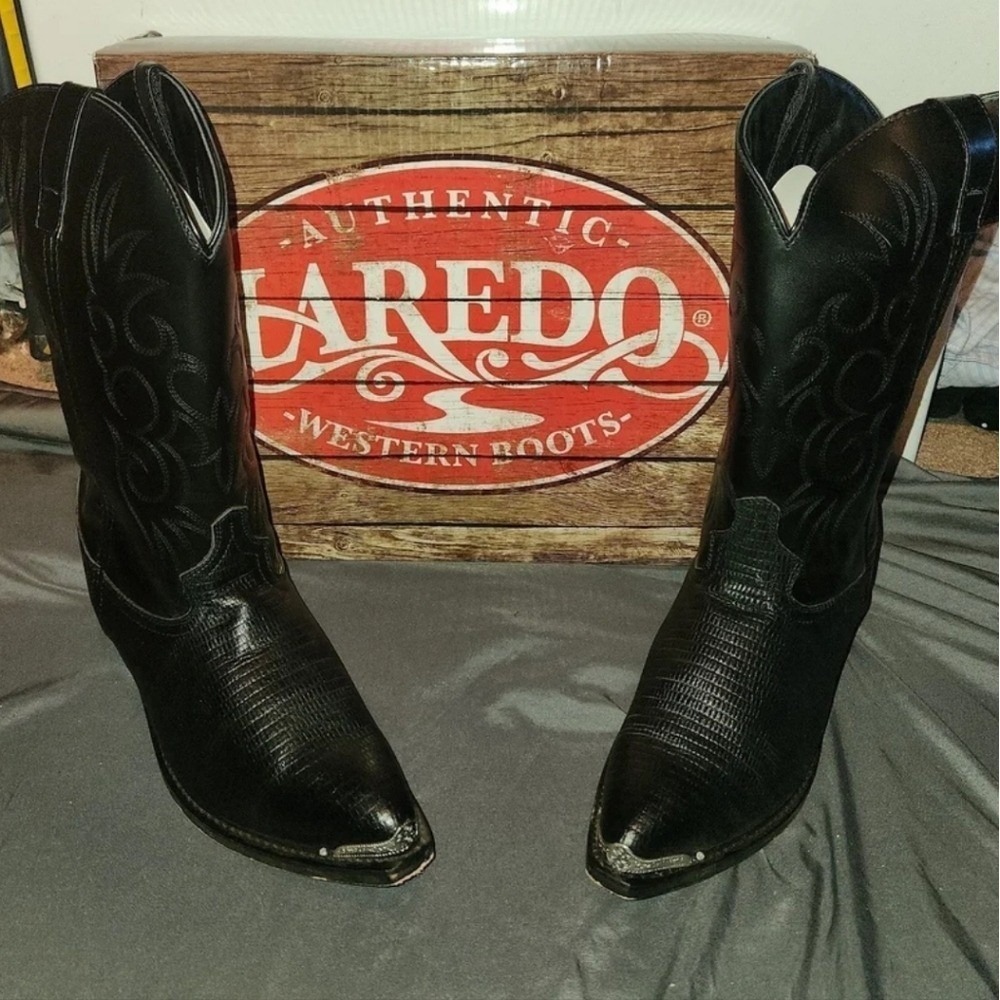 Laredo Mens 12 EW Black Lizard Print Cowboy Western Boots 68085 Metal Toe Heel